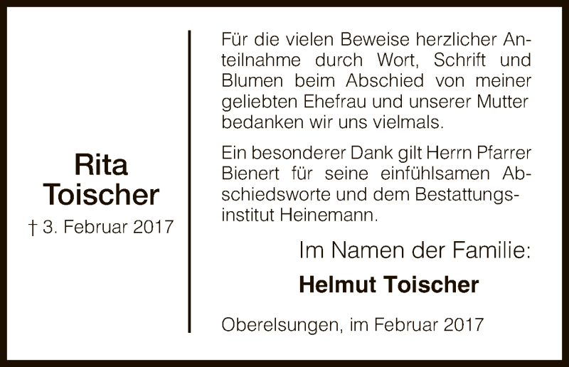  Traueranzeige für Rita Toischer vom 25.02.2017 aus HNA