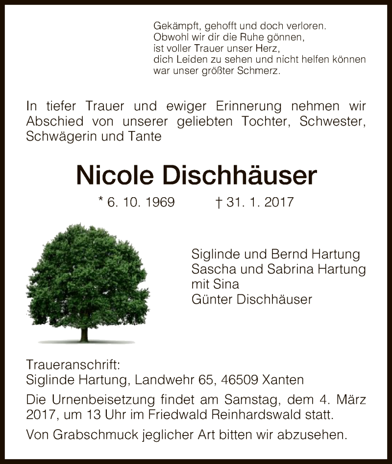  Traueranzeige für Nicole Dischhäuser vom 24.02.2017 aus HNA