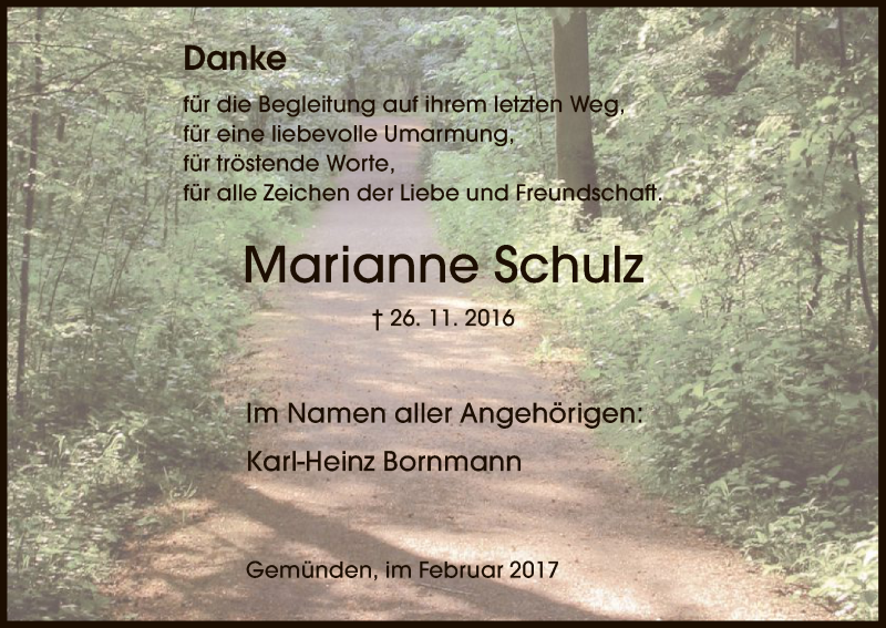  Traueranzeige für Marianne Schulz vom 18.02.2017 aus HNA