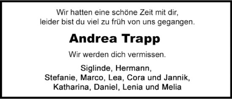  Traueranzeige für Andrea W.  Trapp vom 14.02.2017 aus HNA