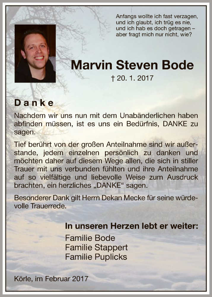  Traueranzeige für Marvin Steven Bode vom 25.02.2017 aus HNA