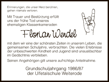Traueranzeige von Florian Wendel von HNA
