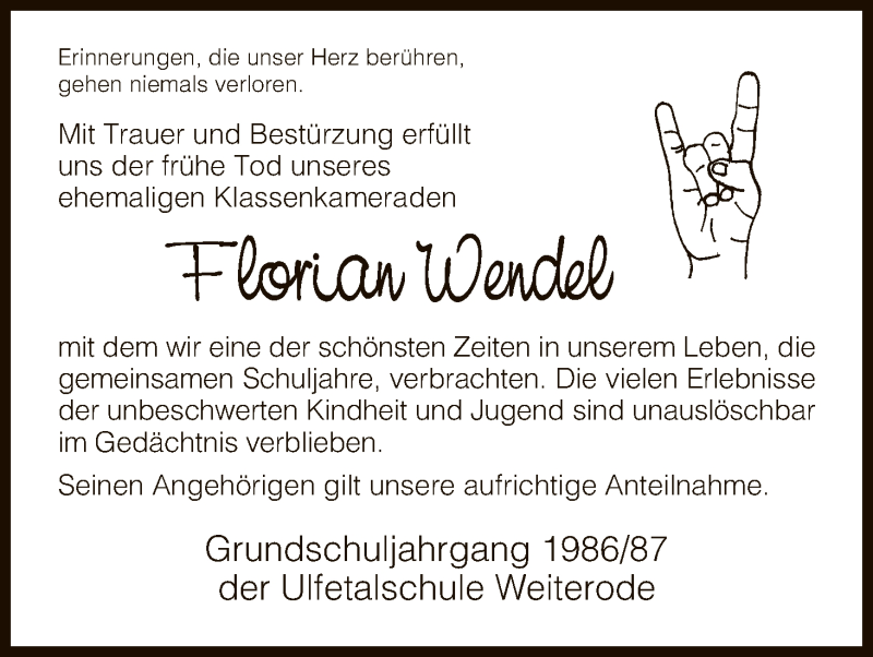  Traueranzeige für Florian Wendel vom 11.02.2017 aus HNA