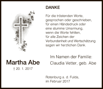 Traueranzeige von Martha Abe von HNA