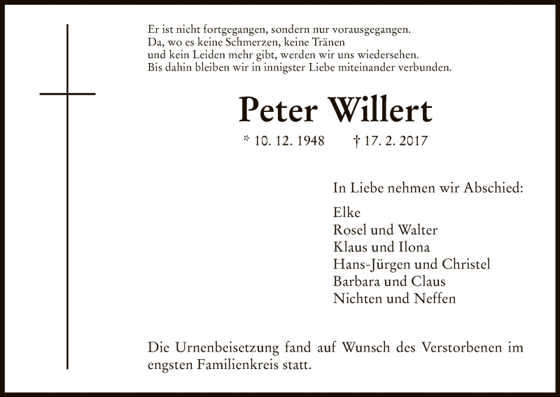  Traueranzeige für Peter Willert vom 28.02.2017 aus HNA