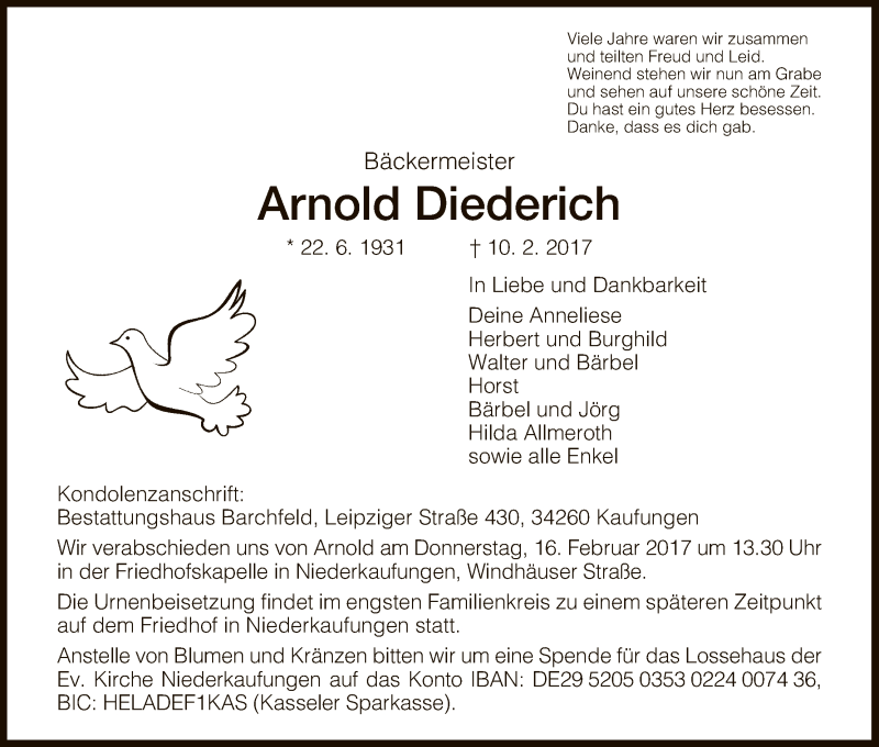  Traueranzeige für Arnold Diederich vom 14.02.2017 aus HNA