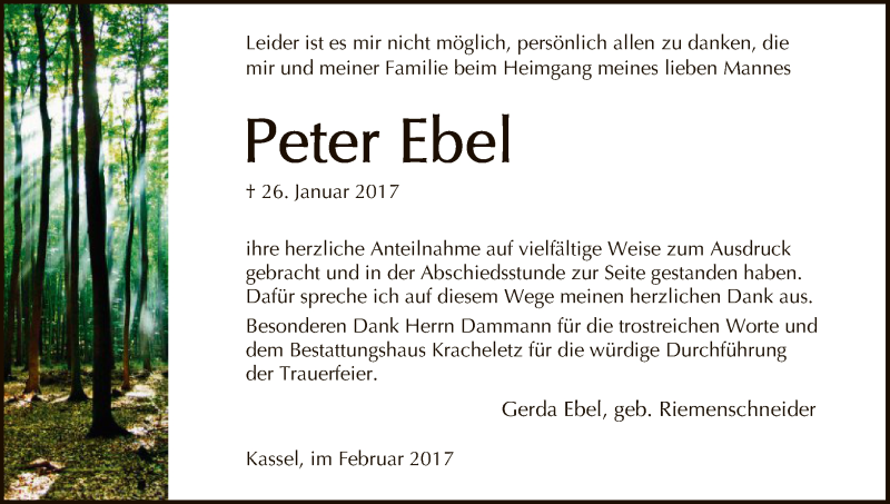  Traueranzeige für Peter Ebel vom 25.02.2017 aus HNA