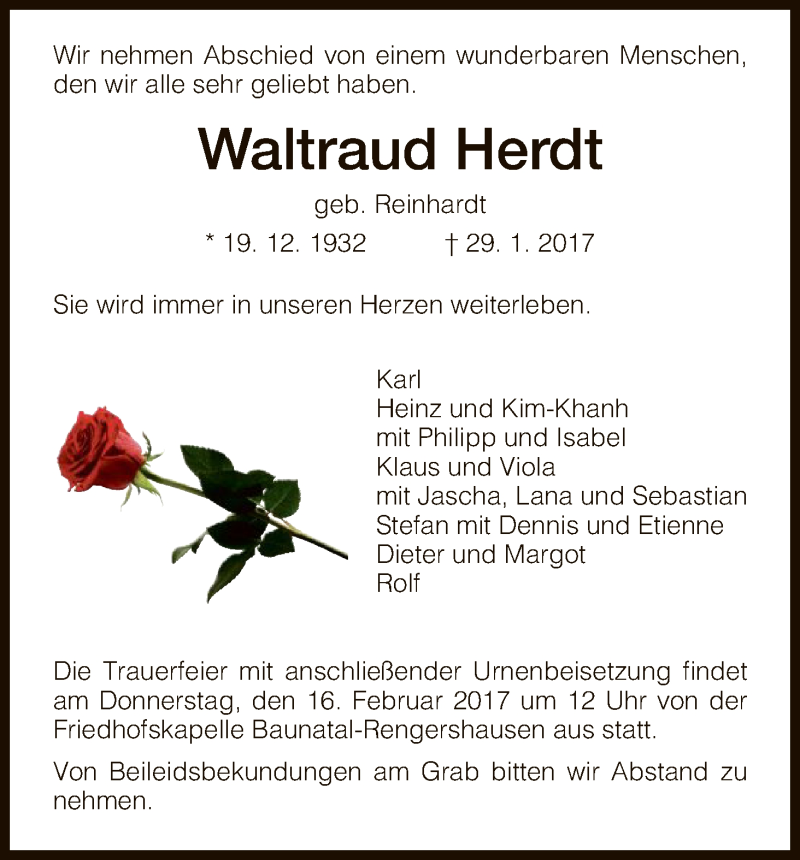  Traueranzeige für Waltraud Herdt vom 11.02.2017 aus HNA