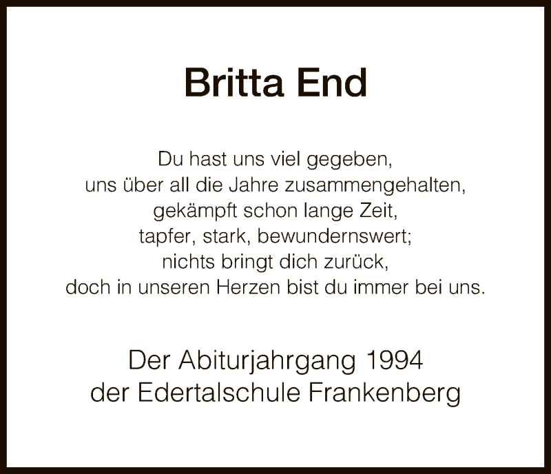  Traueranzeige für Britta End vom 11.02.2017 aus HNA