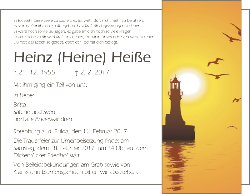  Traueranzeige für Heinz Heiße vom 11.02.2017 aus HNA