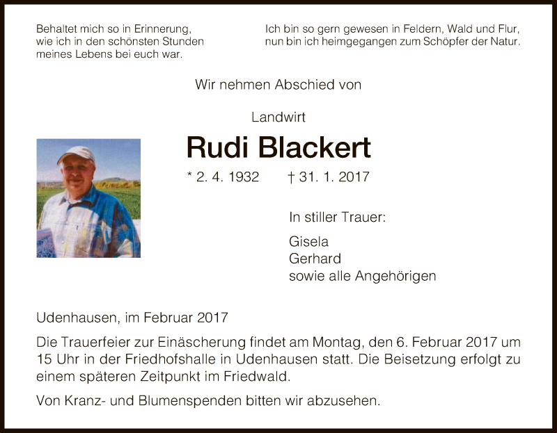  Traueranzeige für Rudi Blackert vom 04.02.2017 aus HNA