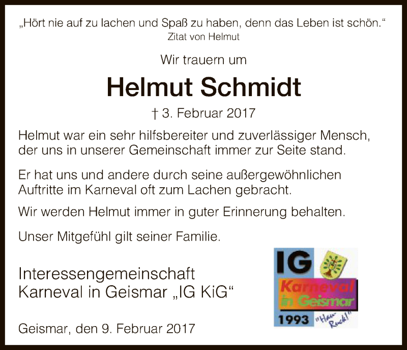 Traueranzeige für Helmut Schmidt vom 09.02.2017 aus HNA
