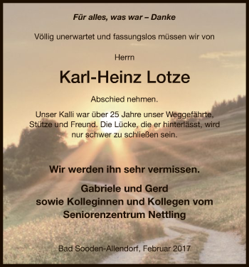Traueranzeige von Karl-Heinz Lotze von HNA