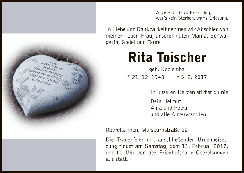  Traueranzeige für Rita Toischer vom 09.02.2017 aus HNA