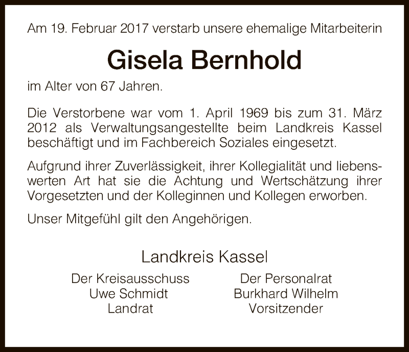  Traueranzeige für Gisela Bernhold vom 23.02.2017 aus HNA