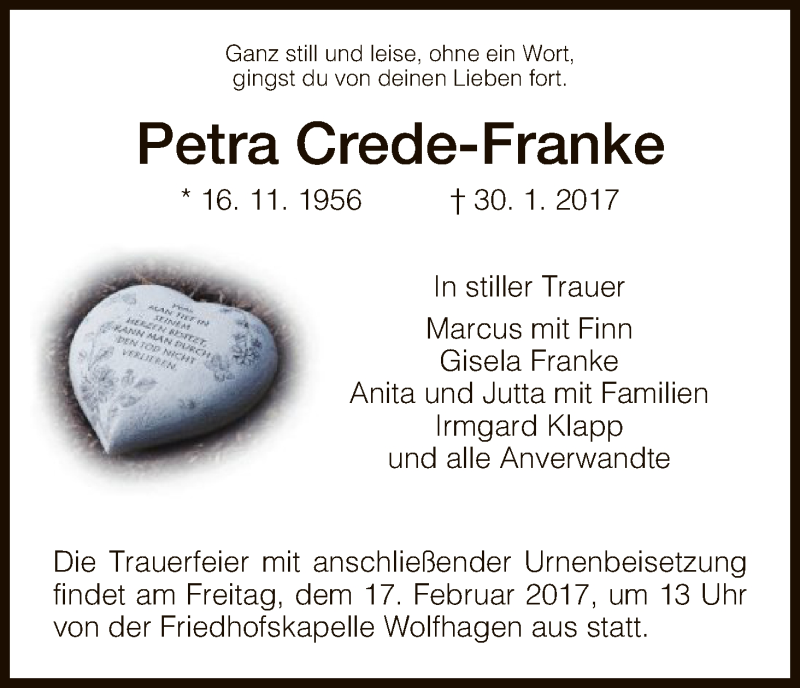  Traueranzeige für Petra Crede-Franke vom 11.02.2017 aus HNA