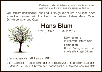 Traueranzeige von Hans Blum von HNA