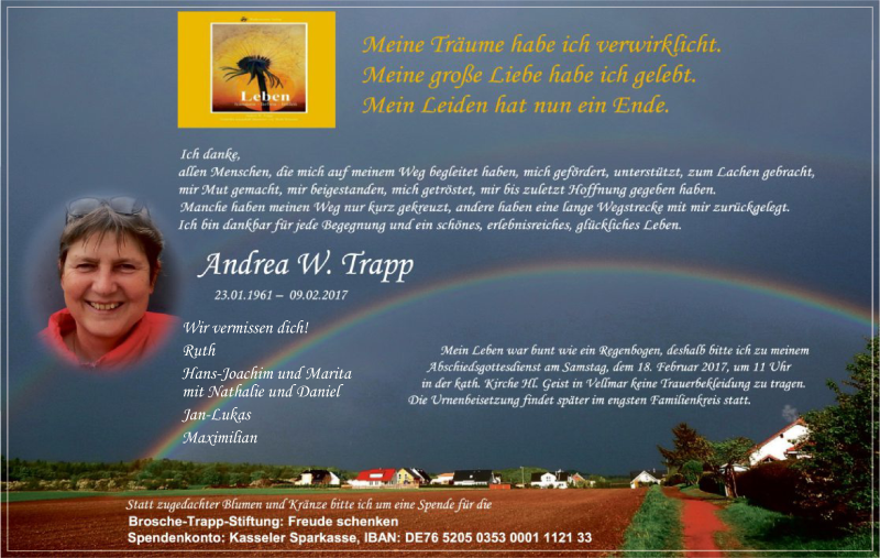  Traueranzeige für Andrea W.  Trapp vom 14.02.2017 aus HNA
