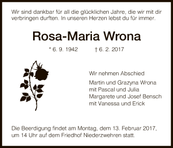 Traueranzeige von Rosa-Maria Wrona von HNA