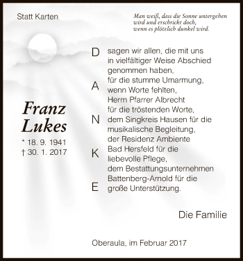 Traueranzeige von Franz Lukes von HNA