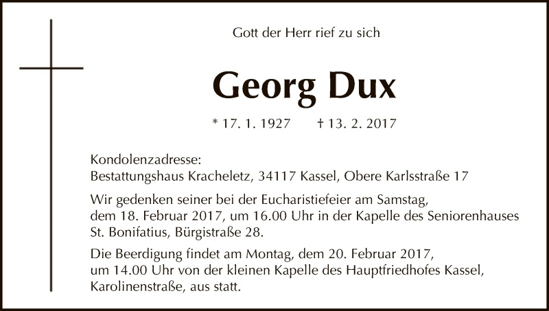  Traueranzeige für Georg Dux vom 16.02.2017 aus HNA