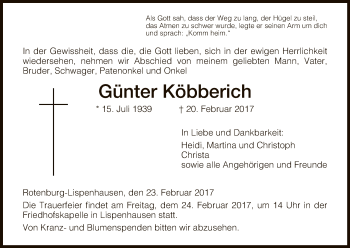 Traueranzeige von Günter Köbberich von HNA