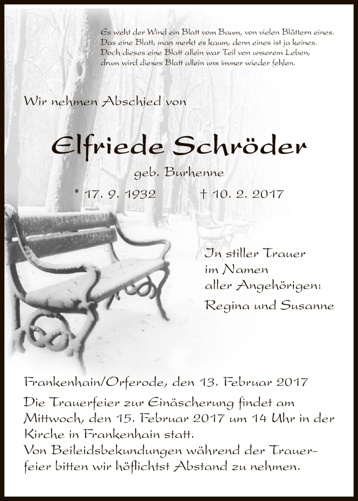  Traueranzeige für Elfriede Schröder vom 13.02.2017 aus HNA