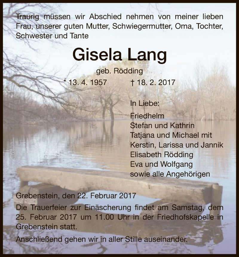  Traueranzeige für Gisela Lang vom 22.02.2017 aus HNA