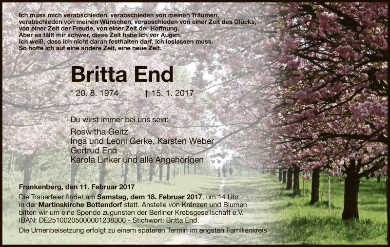  Traueranzeige für Britta End vom 11.02.2017 aus HNA