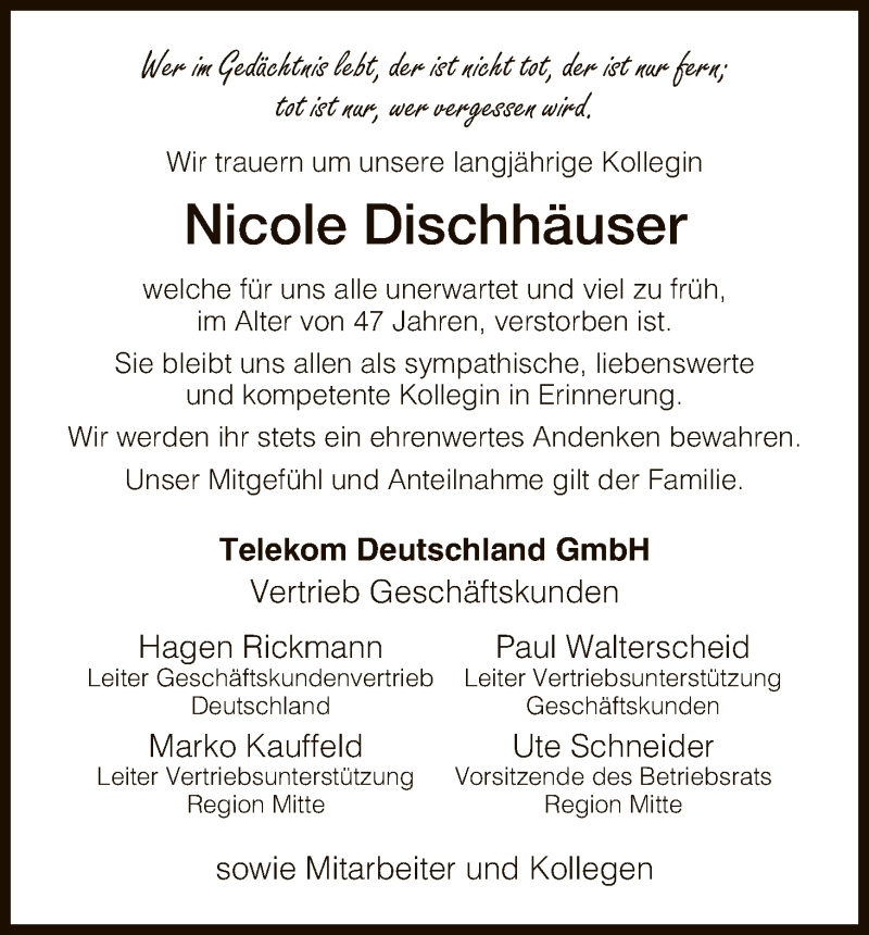  Traueranzeige für Nicole Dischhäuser vom 24.02.2017 aus HNA