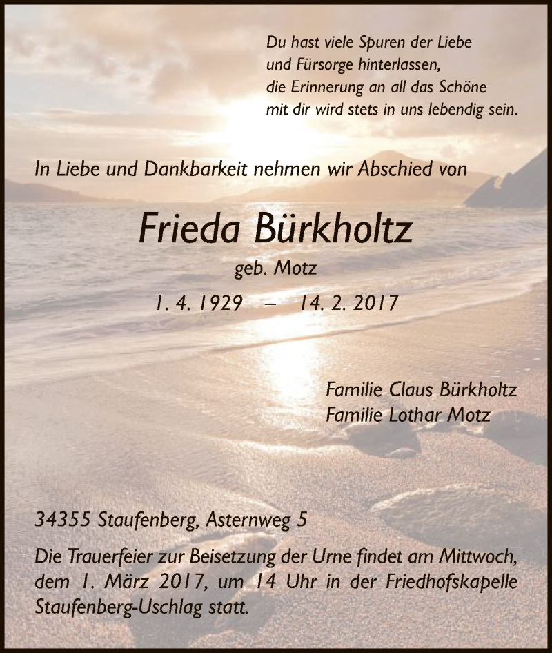  Traueranzeige für Frieda Bürkholtz vom 25.02.2017 aus HNA