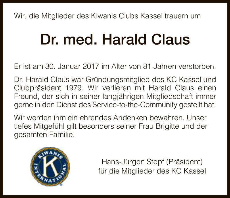  Traueranzeige für Harald Claus vom 10.02.2017 aus HNA