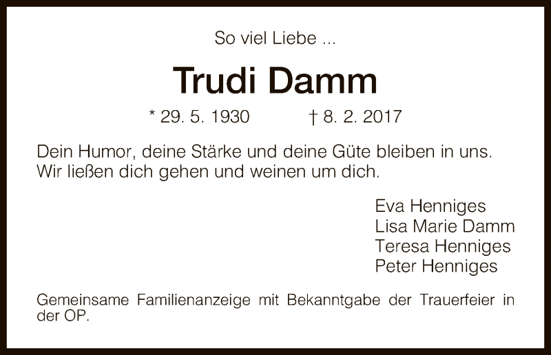  Traueranzeige für Trudi Damm vom 11.02.2017 aus HNA