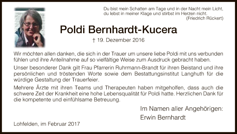  Traueranzeige für Poldi Bernhardt-Kucera vom 11.02.2017 aus HNA