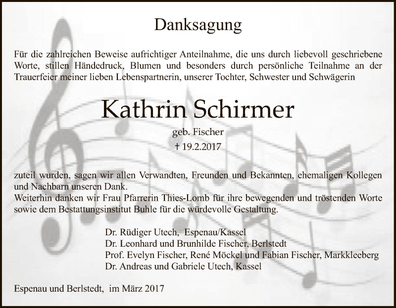  Traueranzeige für Kathrin Schirmer vom 25.03.2017 aus HNA