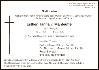 Traueranzeige von Esther Hanna v. Manteuffel von HNA