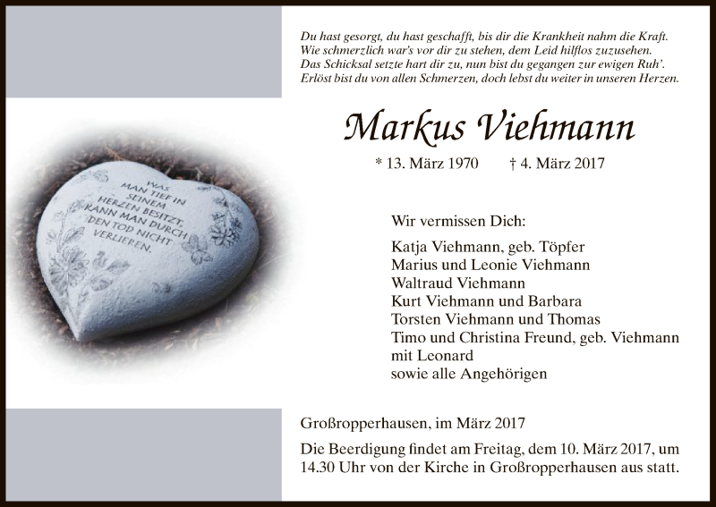  Traueranzeige für Markus Viehmann vom 08.03.2017 aus HNA