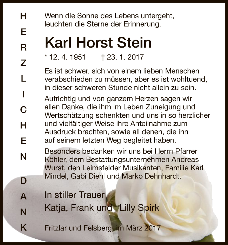  Traueranzeige für Karl Horst Stein vom 11.03.2017 aus HNA