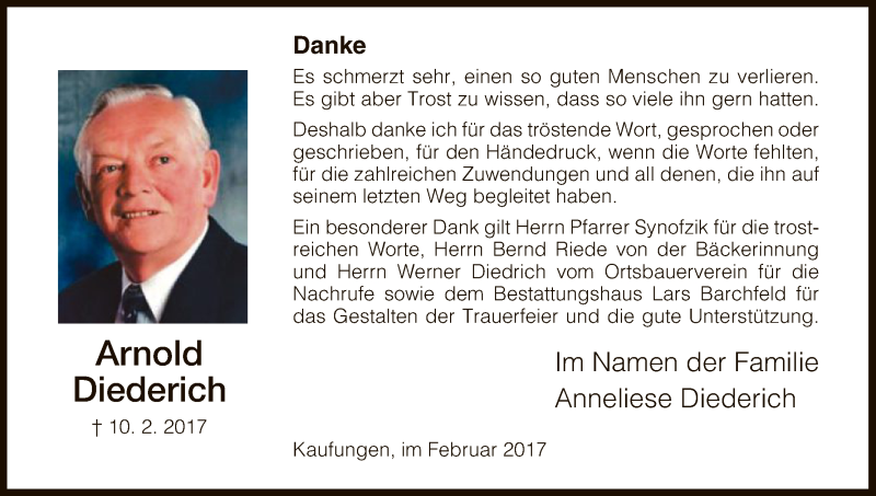  Traueranzeige für Arnold Diederich vom 03.03.2017 aus HNA