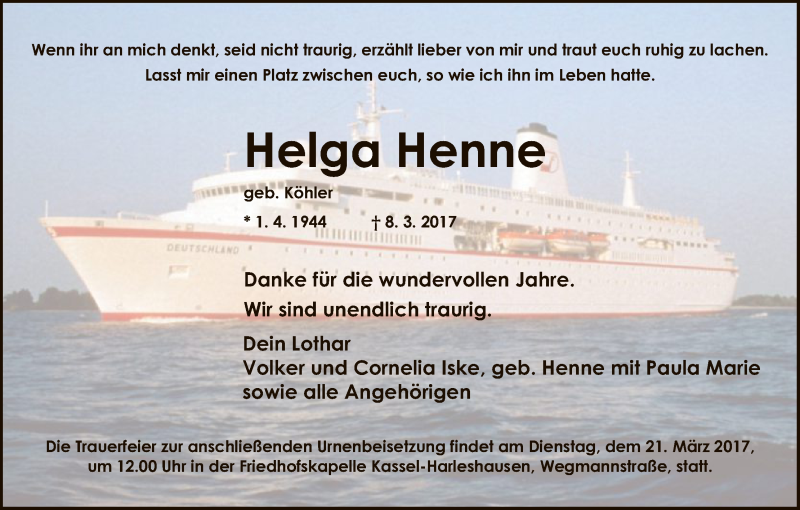  Traueranzeige für Helga Henne vom 18.03.2017 aus HNA