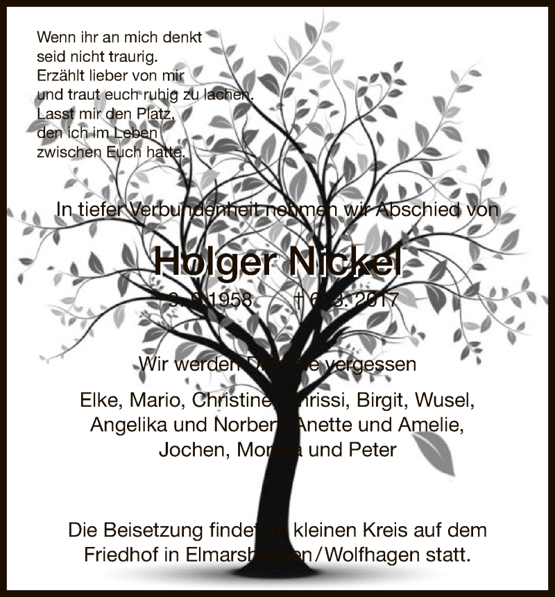  Traueranzeige für Holger Nickel vom 25.03.2017 aus HNA