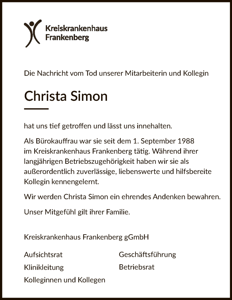  Traueranzeige für Christa Simon vom 09.03.2017 aus HNA