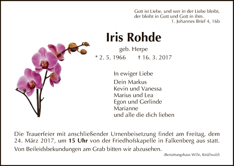  Traueranzeige für Iris Rohde vom 21.03.2017 aus HNA