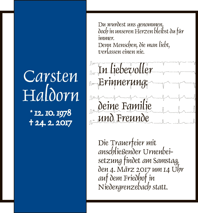  Traueranzeige für Carsten Haldorn vom 01.03.2017 aus HNA