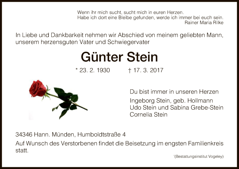 Traueranzeige für Günter Stein vom 25.03.2017 aus HNA