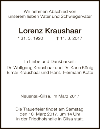 Traueranzeige von Lorenz Kraushaar von HNA