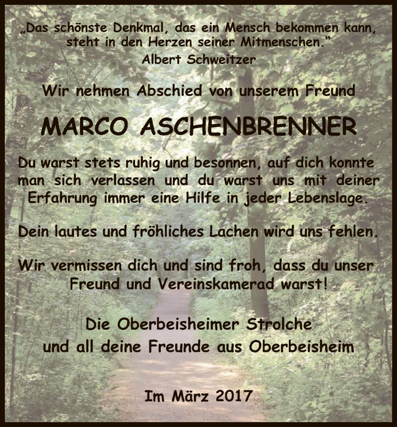  Traueranzeige für Marco Aschenbrenner vom 08.03.2017 aus HNA