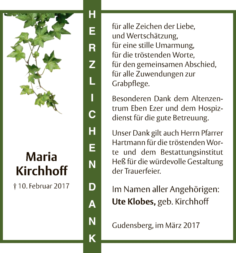  Traueranzeige für Maria Kirchhoff vom 25.03.2017 aus HNA