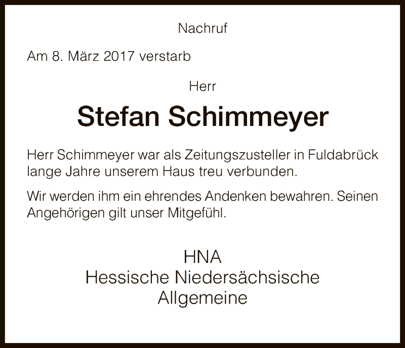  Traueranzeige für Stefan Schimmeyer vom 18.03.2017 aus HNA