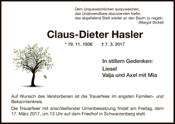 Traueranzeige von Claus-Dieter Hasler von HNA